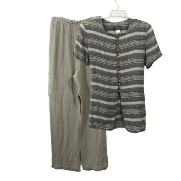 Vintage Linen Blend  High Waist Pants Striped Tunic Top 2 Piece Set 6 - Picture 1 of 9